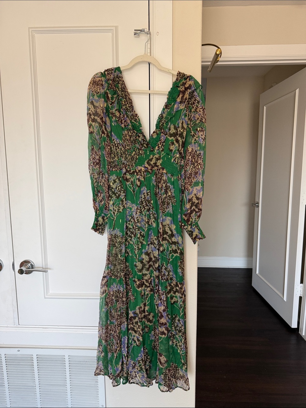 Anthropologie Green Floral Long-Sleeve Midi Dress